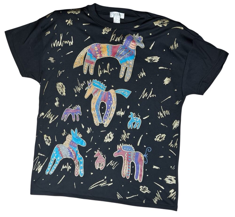 Vintage Adolfo Sport Horse Art T Shirt Womens XL Black Glitter Southwest
